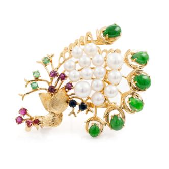 Pearl, Mixed Gemstone Peacock Brooch